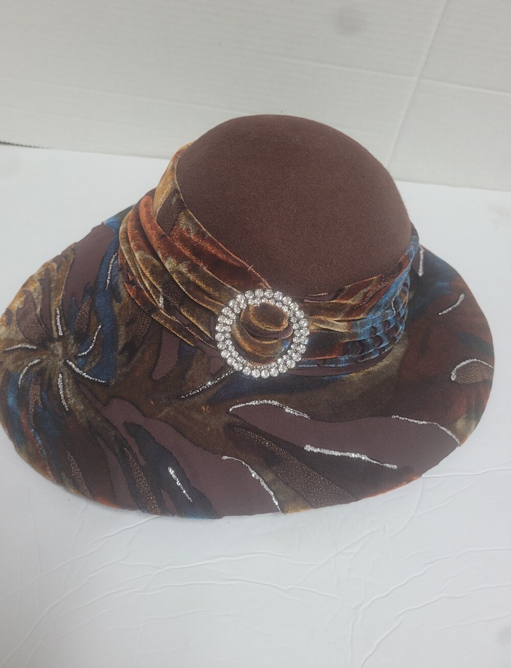 Vintage Ms. Divine Brown  Statement Church Derby Hat Rhinestone Buckle